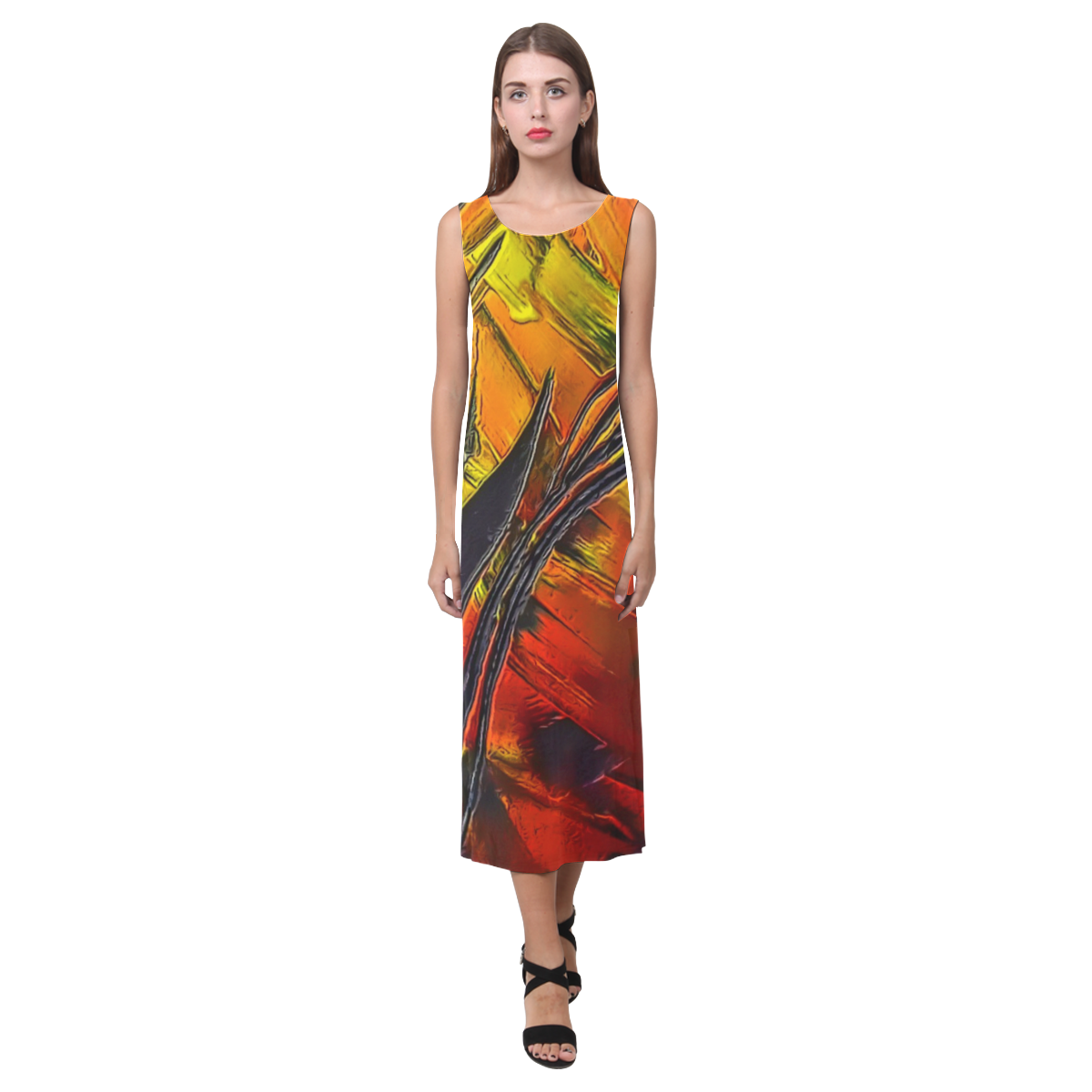 Fire Flames (Self paint) by Nico Bielow Phaedra Sleeveless Open Fork Long Dress (Model D08)