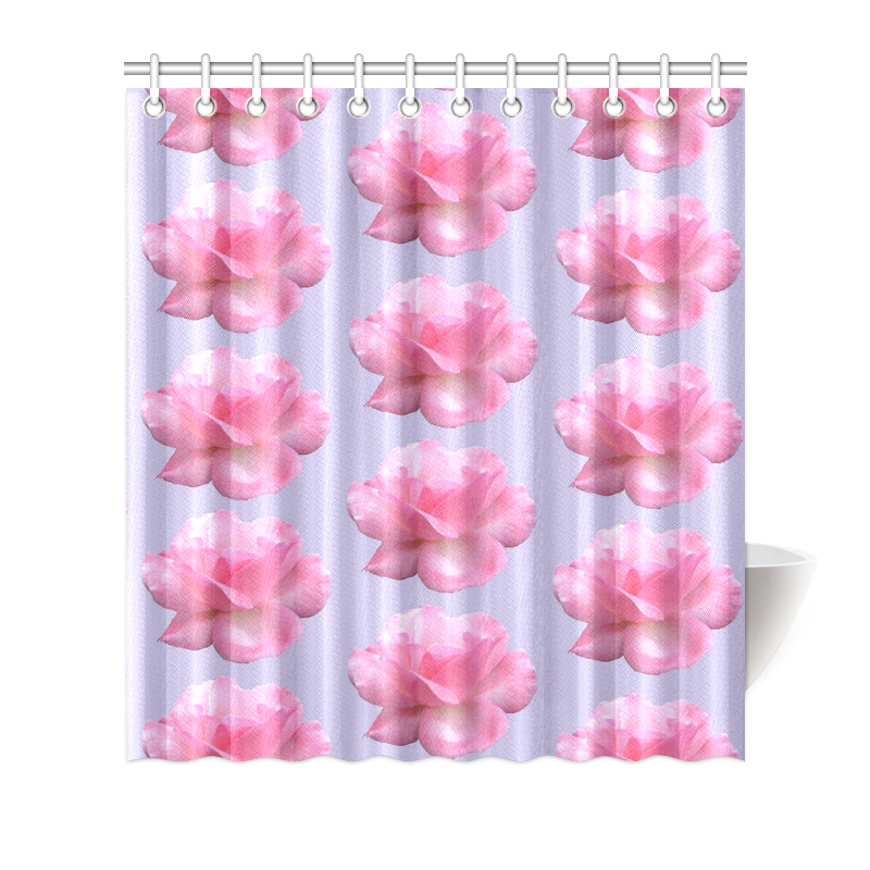 Pink Roses Pattern on Blue Shower Curtain 66"x72"