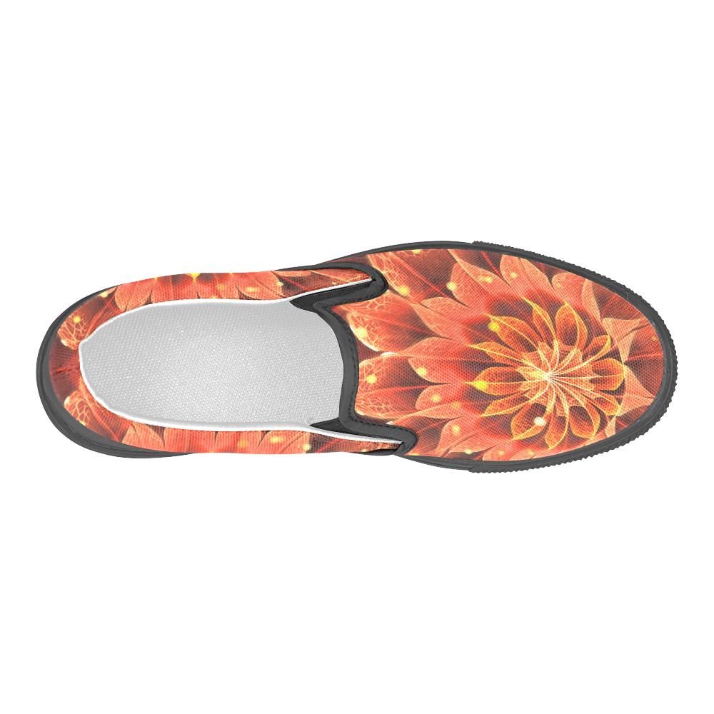 Fiery Black Canvas Slip-on Shoes for Men -- Red Dahlia Fractal Flower with Beautiful Bokeh Men's Slip-on Canvas Shoes (Model 019)