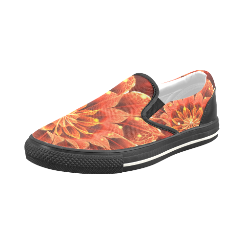 Fiery Black Canvas Slip-on Shoes for Men -- Red Dahlia Fractal Flower with Beautiful Bokeh Men's Slip-on Canvas Shoes (Model 019)