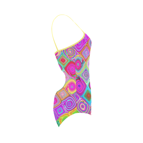 Cool Pink Yellow Mosaic Abstract Fractal Strap Swimsuit ( Model S05)