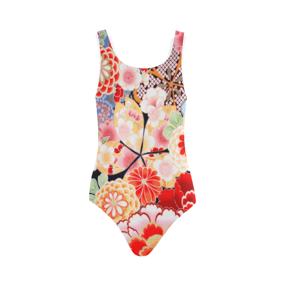 Beautiful Floral Japanese Kimono Pattern Vest One Piece Swimsuit (Model ...