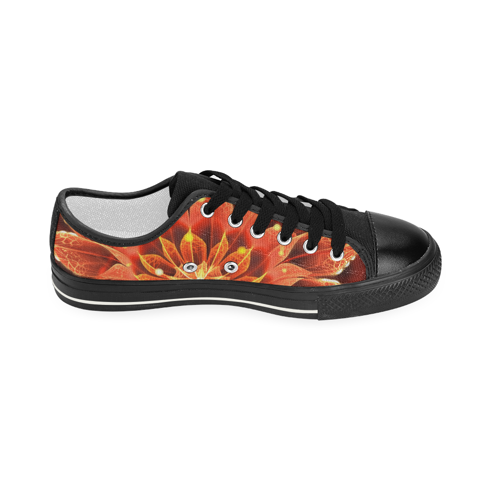 Fiery Black Canvas Shoes for Women -- Red Dahlia Fractal Flower with Beautiful Bokeh Women's Classic Canvas Shoes (Model 018)