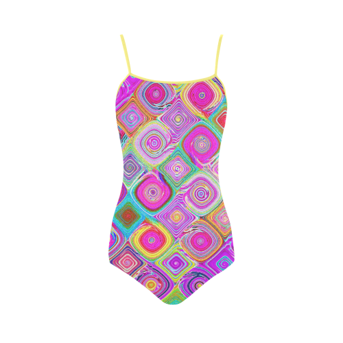 Cool Pink Yellow Mosaic Abstract Fractal Strap Swimsuit ( Model S05)