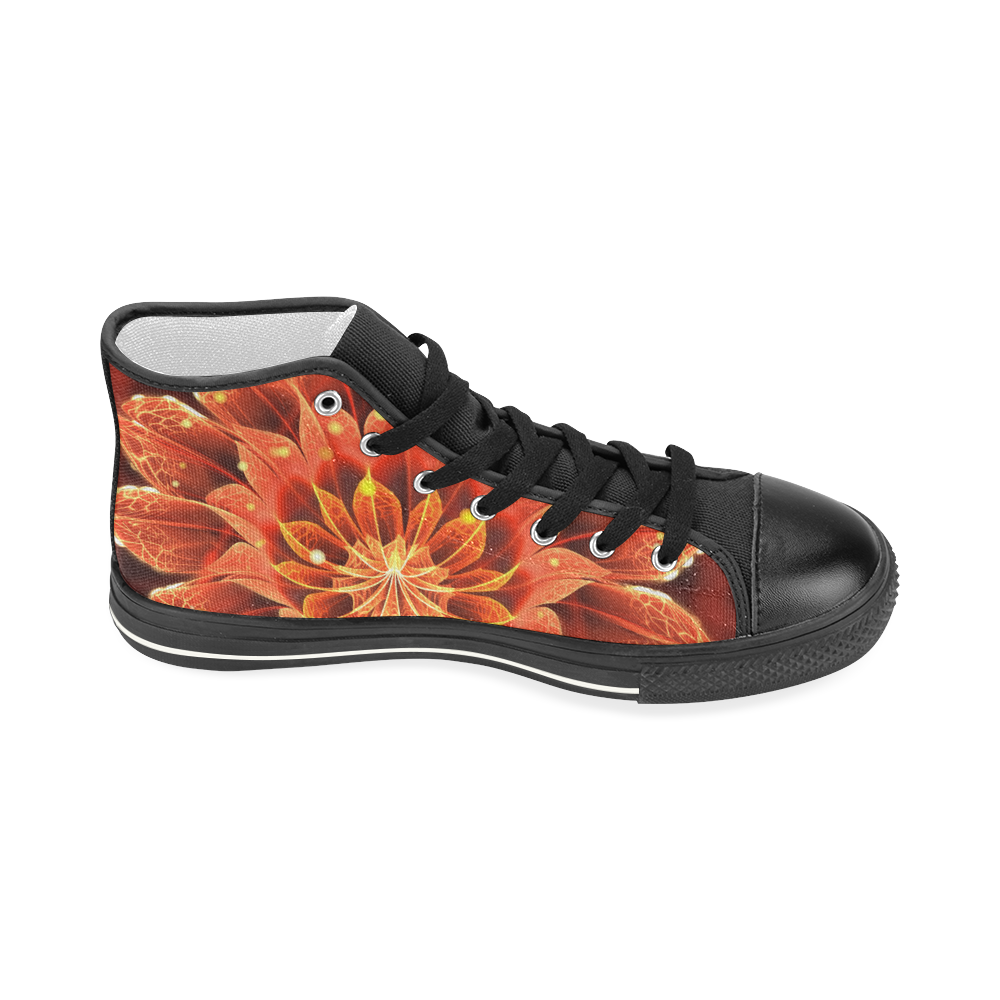 Fiery Black High Top Canvas Shoes for Women -- Red Dahlia Fractal Flower with Beautiful Bokeh Women's Classic High Top Canvas Shoes (Model 017)