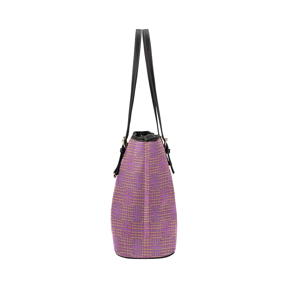 Stylish geometric pattern with yellow and red rectangular grid on purple background Leather Tote Bag/Large (Model 1651)