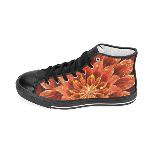 Fiery Black High Top Canvas Shoes for Women -- Red Dahlia Fractal Flower with Beautiful Bokeh Women's Classic High Top Canvas Shoes (Model 017)