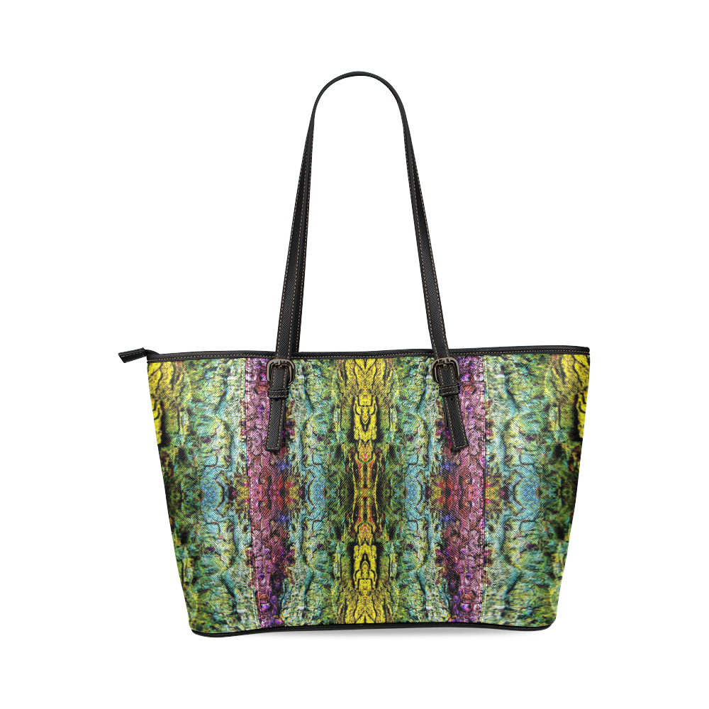 Abstract, Yellow Green, Purple, Leather Tote Bag/Small (Model 1640)