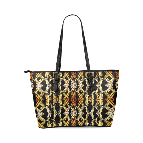 Elegant Oriental Pattern Black Gold Leather Tote Bag/Small (Model 1640)