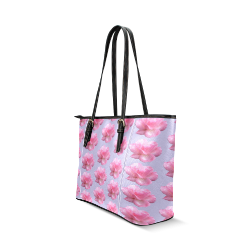 Pink Roses Pattern on Blue Leather Tote Bag/Small (Model 1640)