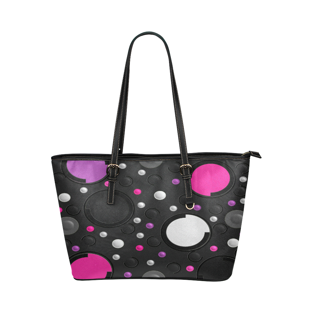 Pink Purple Circles Leather Tote Bag/Large (Model 1651)