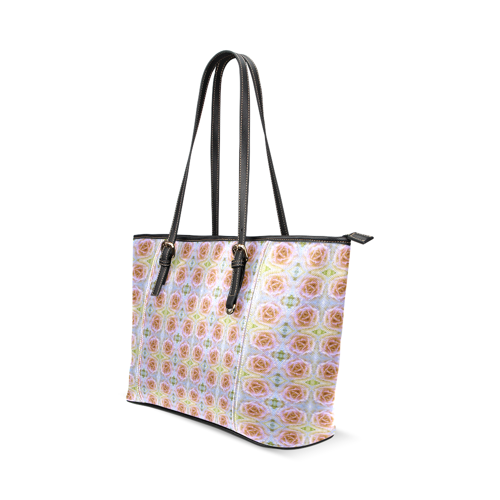 Pink Light Blue Pastel Flowers Leather Tote Bag/Small (Model 1640)