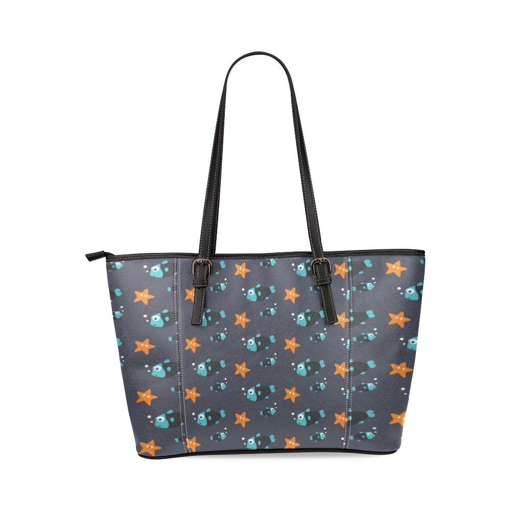 Blue fish and starfish   - sea and fish Leather Tote Bag/Small (Model 1640)
