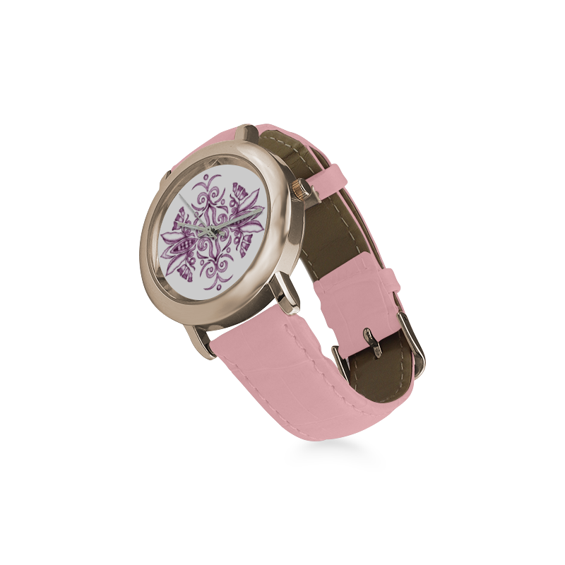 Stained-Glass-Seedpods-Bodacious-by-Aleta Women's Rose Gold Leather Strap Watch(Model 201)