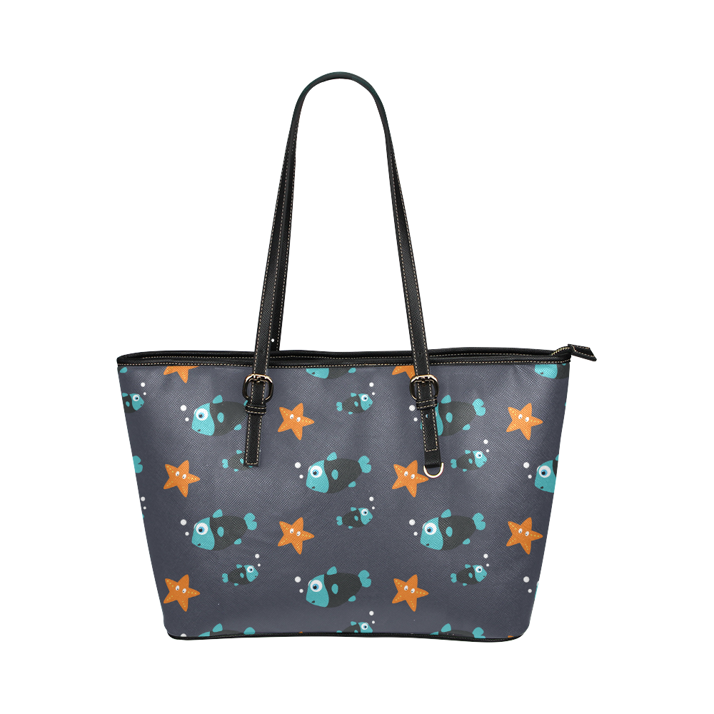 Blue fish and starfish   - sea and fish Leather Tote Bag/Small (Model 1651)