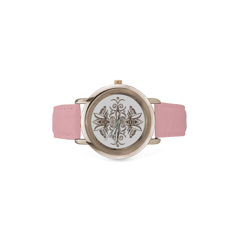 Stained-Glass-Seedpods-Warm-Taupe-by-Aleta Women's Rose Gold Leather Strap Watch(Model 201)