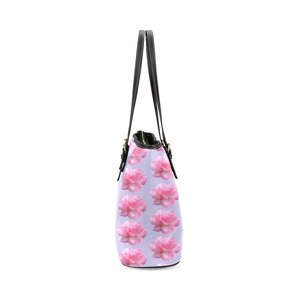 Pink Roses Pattern on Blue Leather Tote Bag/Small (Model 1640)