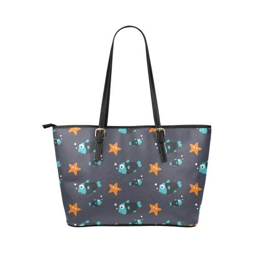 Blue fish and starfish   - sea and fish Leather Tote Bag/Small (Model 1651)