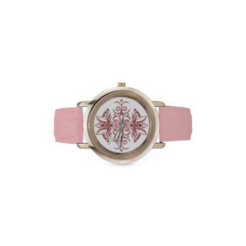 Stained-Glass-Seedpods-Dusty-Cedar-by-Aleta Women's Rose Gold Leather Strap Watch(Model 201)