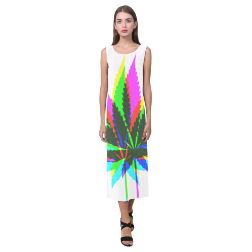 Wild Hemp Leaves - neon colored Phaedra Sleeveless Open Fork Long Dress (Model D08)