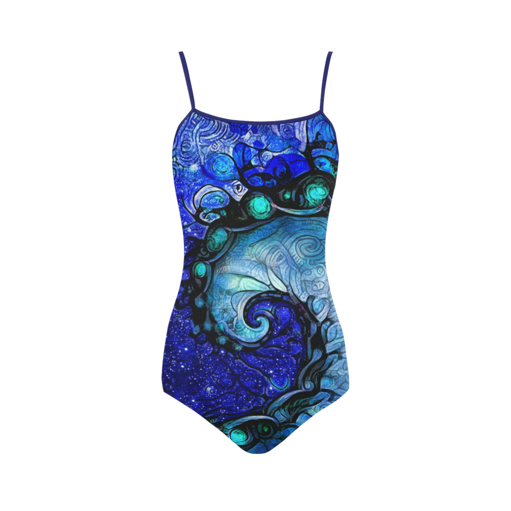 Scorpio Wave Blue Strap Swimsuit -- Nocturne of Scorpio Fractal Astrology Strap Swimsuit ( Model S05)