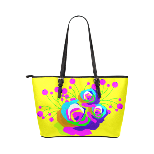 Cool Abstract Pink Yellow Flowers Leather Tote Bag/Large (Model 1651)