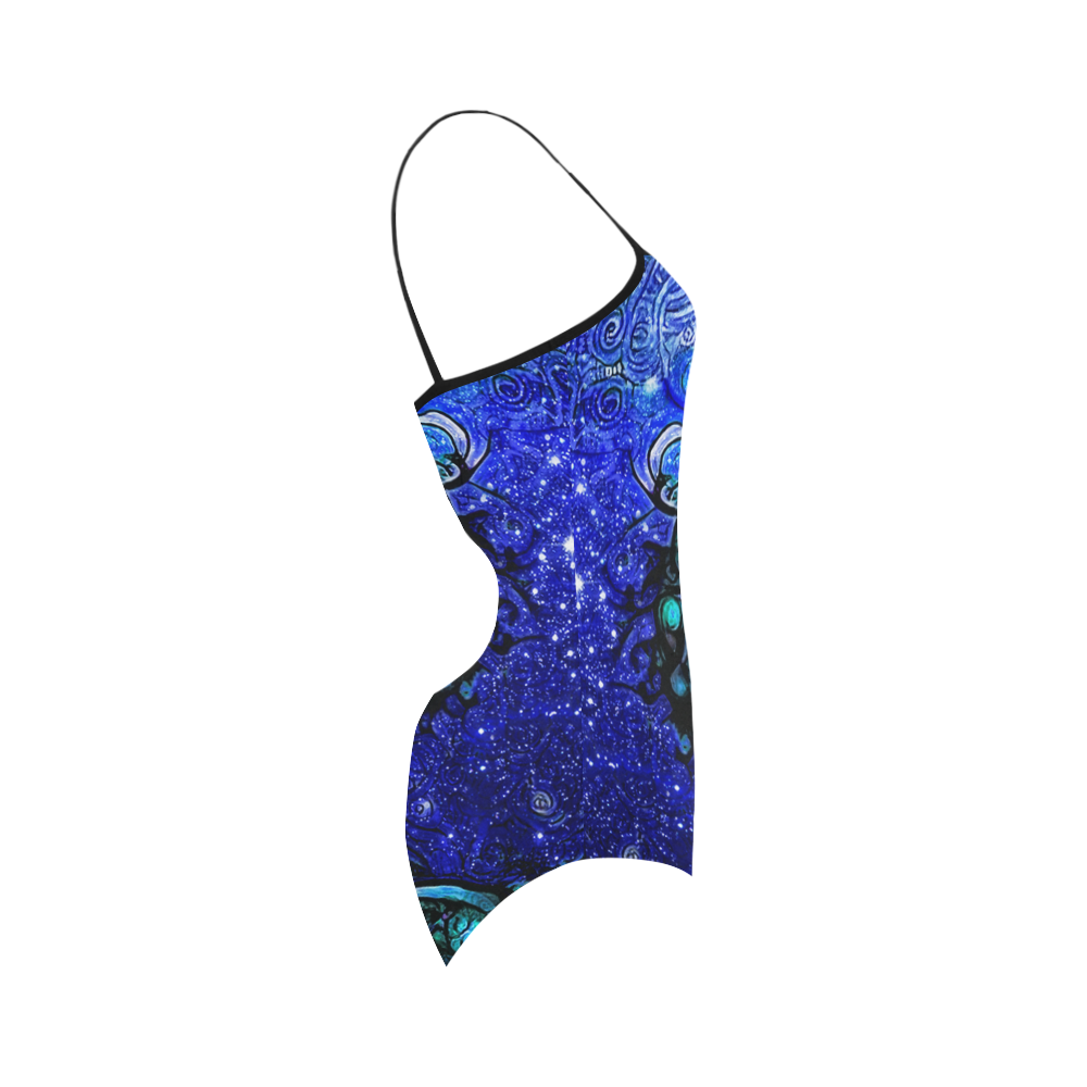 Scorpio Wave Black Strap Swimsuit -- Nocturne of Scorpio Fractal Astrology Strap Swimsuit ( Model S05)