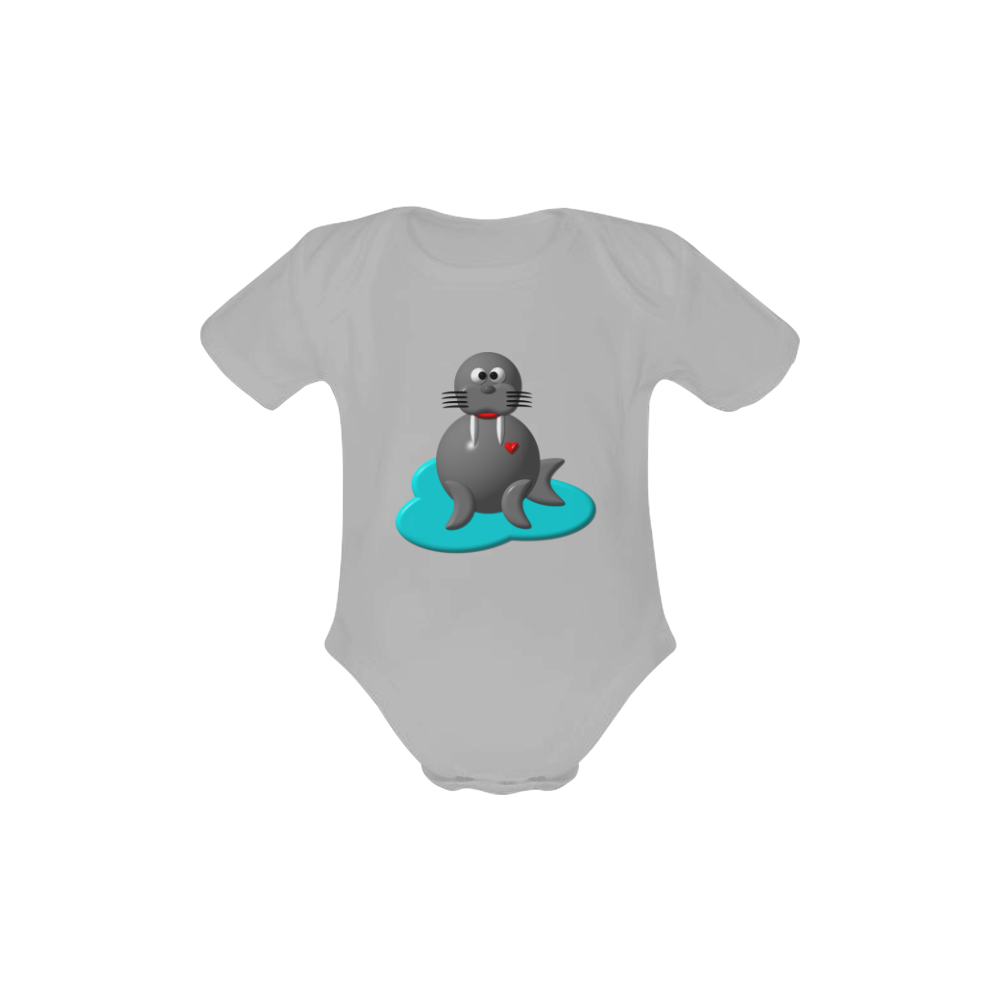 Cute Critters With Heart: Walrus in Water - Silver Baby Powder Organic Short Sleeve One Piece (Model T28)