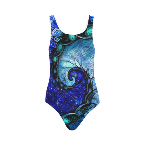 Scorpio Wave White Vest Bikini -- Nocturne of Scorpio Fractal Astrology Vest One Piece Swimsuit (Model S04)