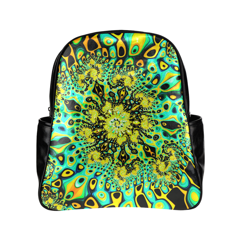 Gold Peacock Psychedelic Fractal Art Multi-Pockets Backpack (Model 1636)