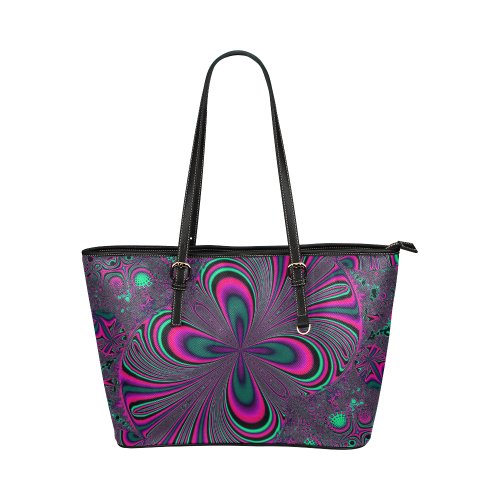 Hot Pink Neon Green Butterfly Fractal Leather Tote Bag/Large (Model 1651)