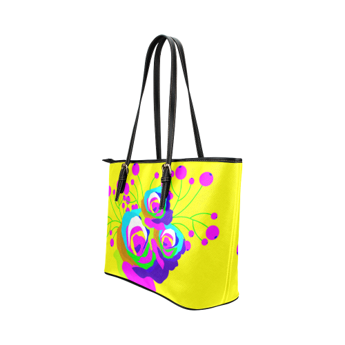 Cool Abstract Pink Yellow Flowers Leather Tote Bag/Large (Model 1651)