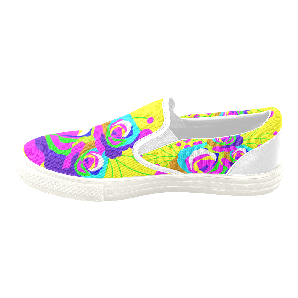 Pink Yellow Cool Abstract Flowers Women's Unusual Slip-on Canvas Shoes (Model 019)