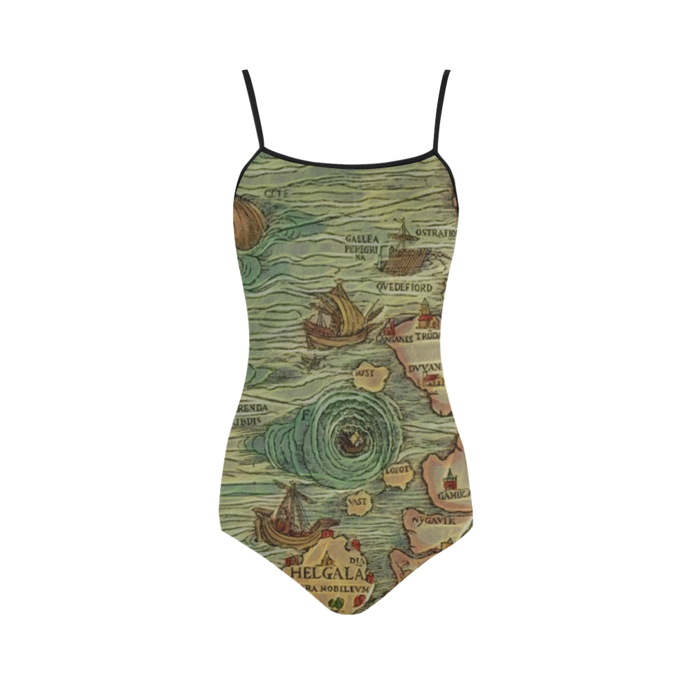 Antique Worldmap with Monsters Strap Swimsuit ( Model S05)