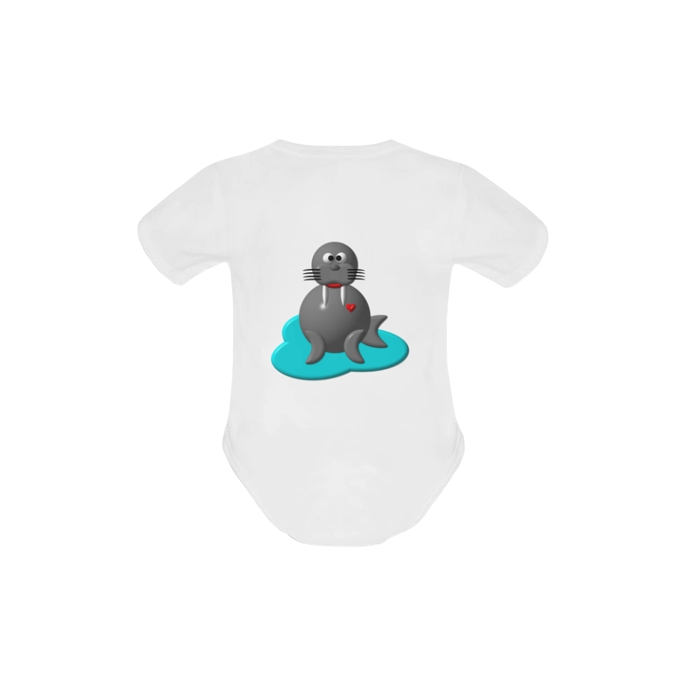 Cute Critters With Heart: Walrus in Water - White Baby Powder Organic Short Sleeve One Piece (Model T28)