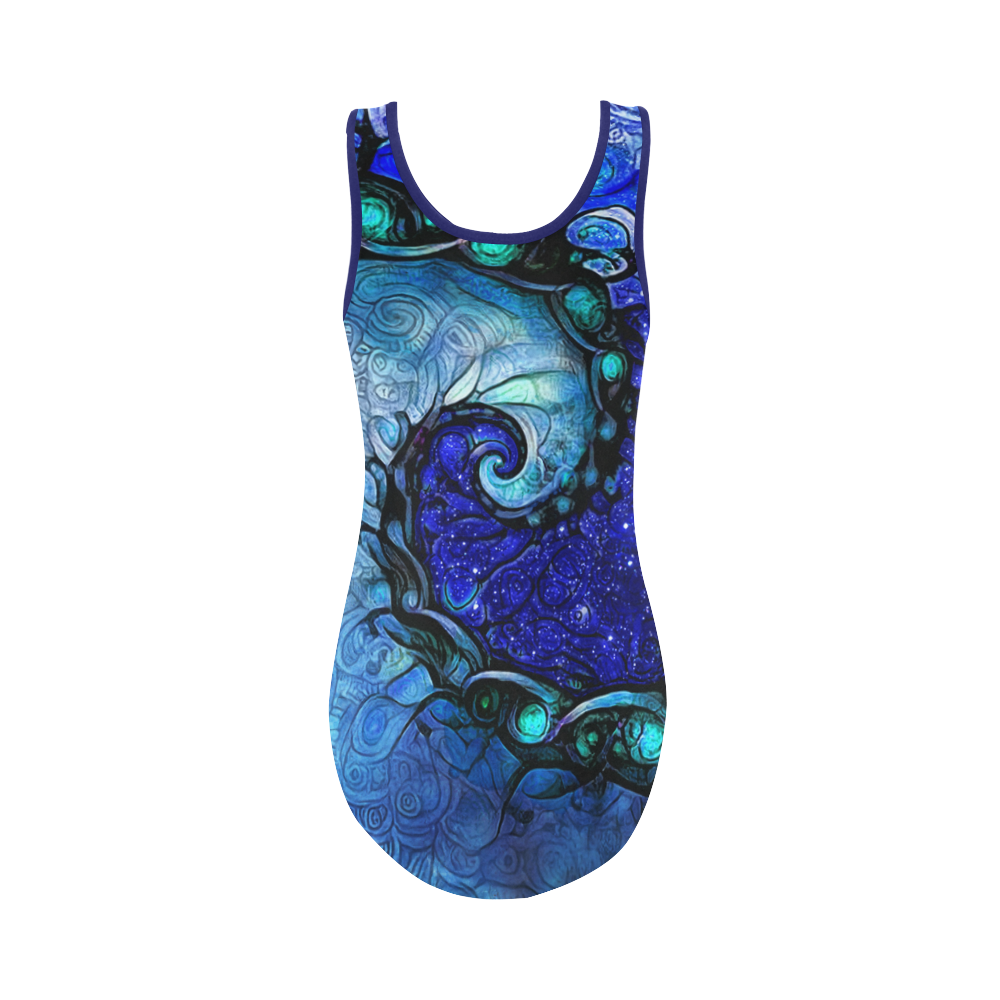 Scorpio Wave Blue Vest Bikini -- Nocturne of Scorpio Fractal Astrology Vest One Piece Swimsuit (Model S04)