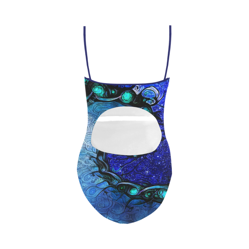 Scorpio Wave Blue Strap Swimsuit -- Nocturne of Scorpio Fractal Astrology Strap Swimsuit ( Model S05)