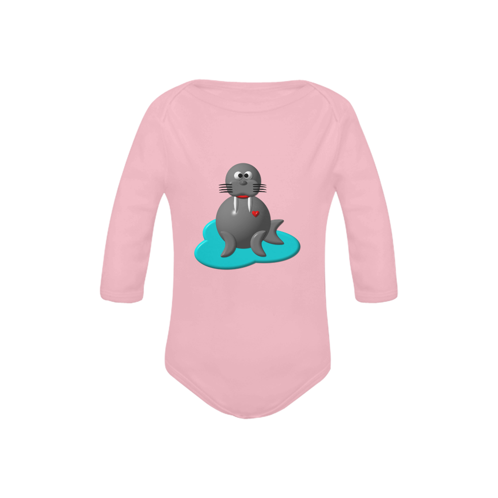 Cute Critters With Heart: Walrus in Water - Pink Baby Powder Organic Long Sleeve One Piece (Model T27)