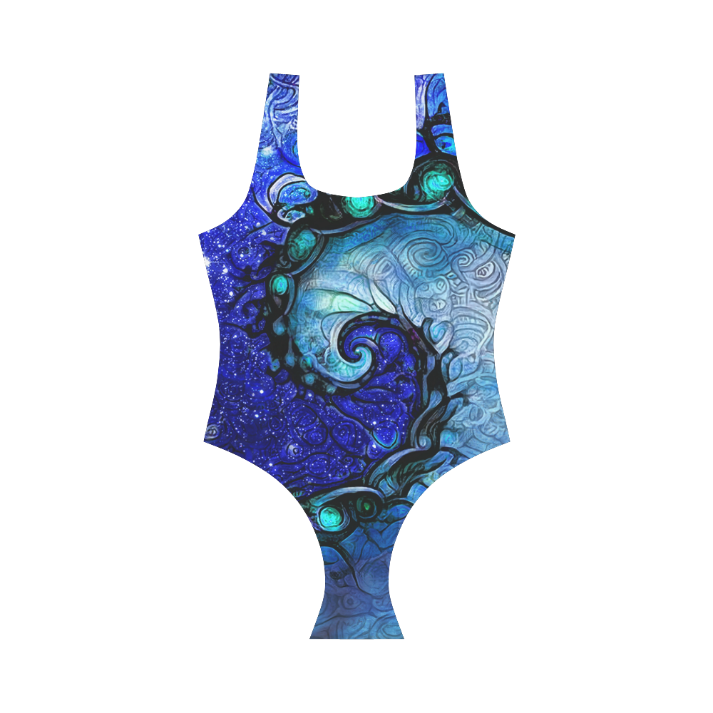 Scorpio Wave Blue Vest Bikini -- Nocturne of Scorpio Fractal Astrology Vest One Piece Swimsuit (Model S04)