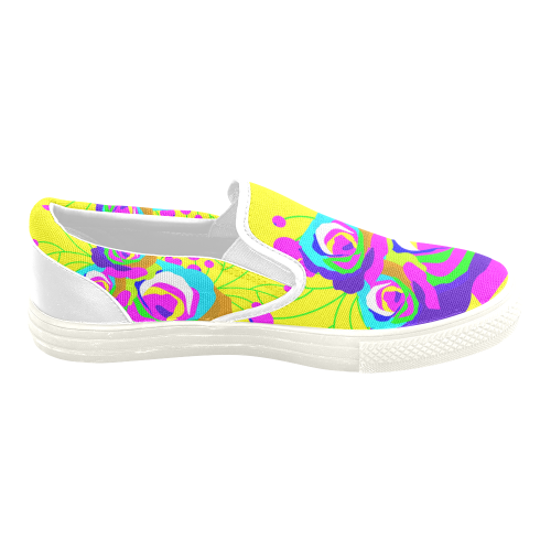 Pink Yellow Cool Abstract Flowers Women's Unusual Slip-on Canvas Shoes (Model 019)