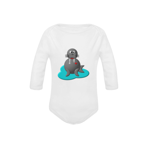 Cute Critters With Heart: Walrus in Water - White Baby Powder Organic Long Sleeve One Piece (Model T27)