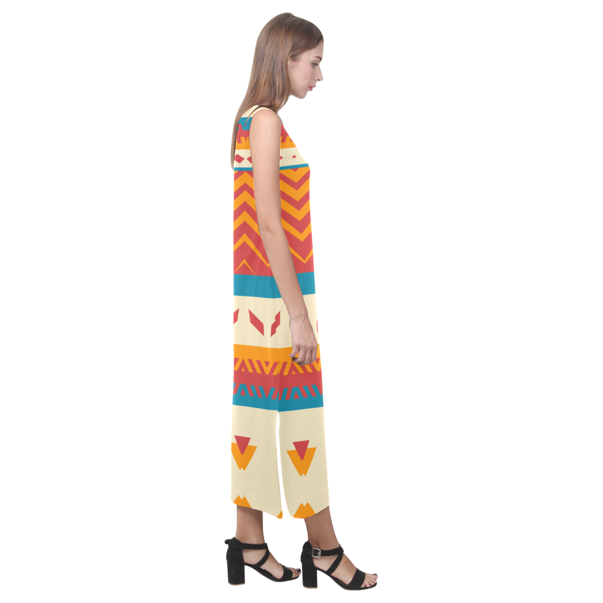 Tribal shapes Phaedra Sleeveless Open Fork Long Dress (Model D08)