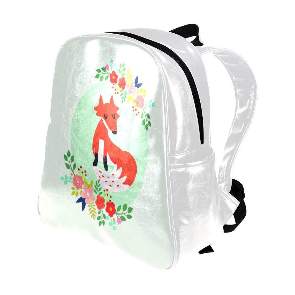 Cute Red Fox With Flowers Multi-Pockets Backpack (Model 1636)