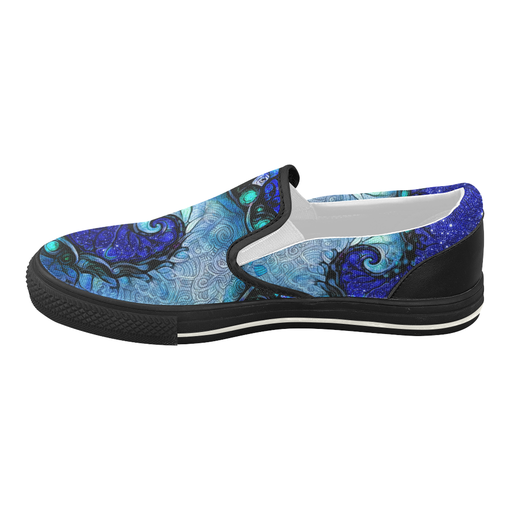 Black Canvas Slip-Ons for Women -- Nocturne of Scorpio Fractal Astrology Women's Slip-on Canvas Shoes (Model 019)