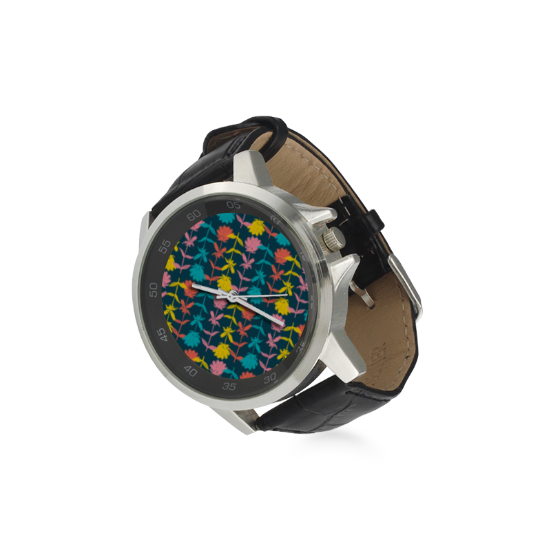 Colorful Floral Pattern Unisex Stainless Steel Leather Strap Watch(Model 202)