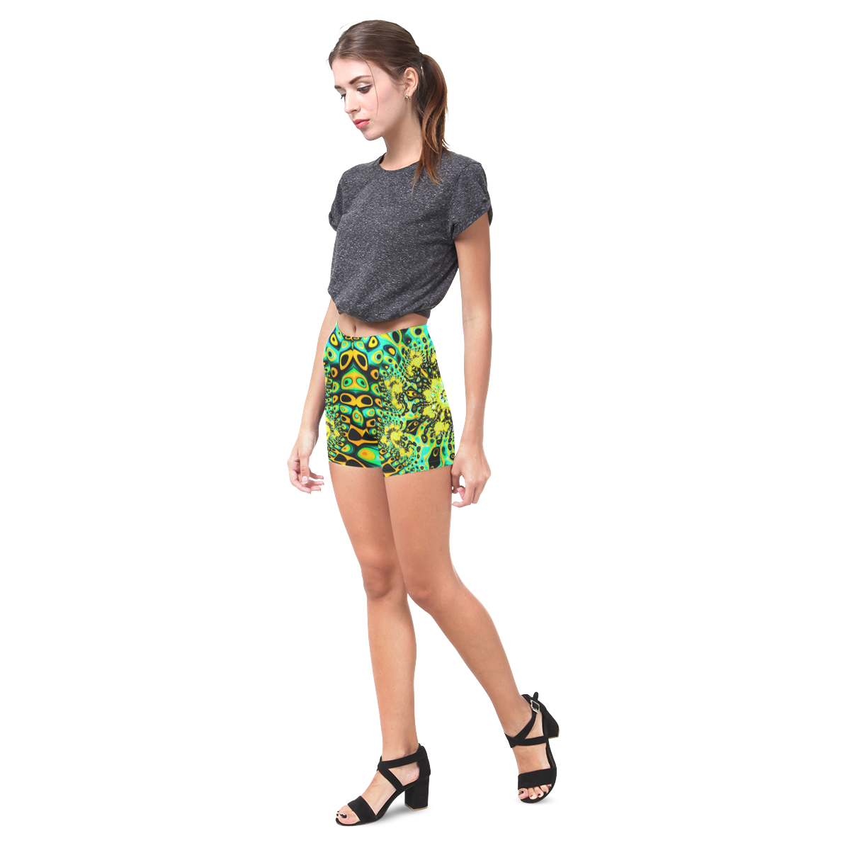 Gold Peacock Psychedelic Fractal Art Briseis Skinny Shorts (Model L04)