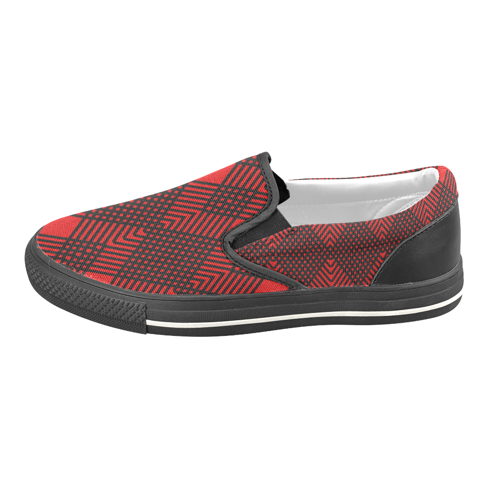 Red and black geometric  pattern,  with rombs. Men's Unusual Slip-on Canvas Shoes (Model 019)