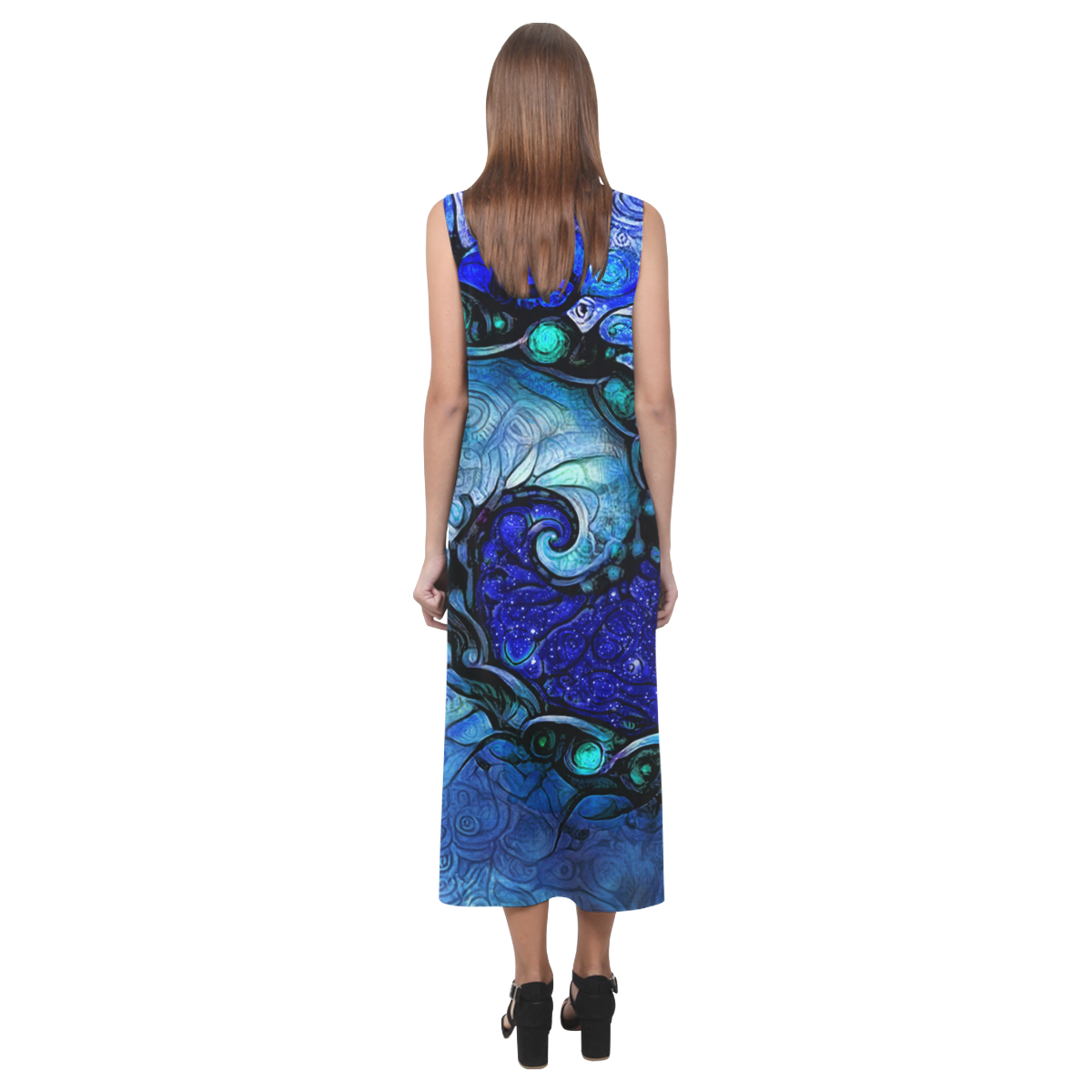 Scorpio Spiral Long Dress -- Nocturne of Scorpio Fractal Astrology Phaedra Sleeveless Open Fork Long Dress (Model D08)