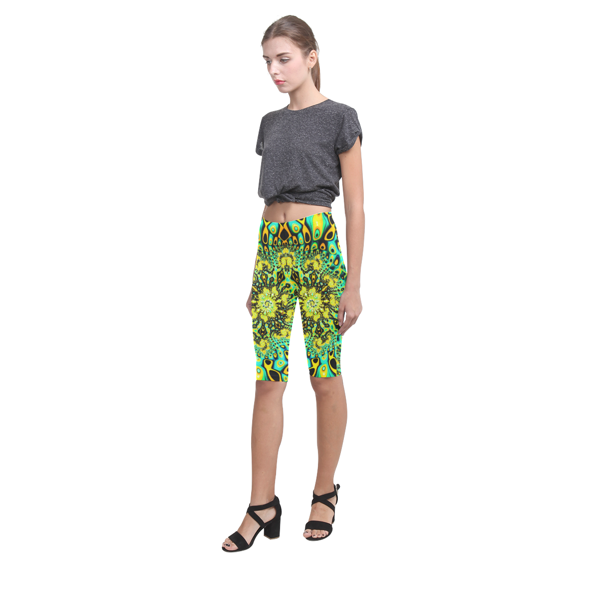 Gold Peacock Psychedelic Fractal Abstract Hestia Cropped Leggings (Model L03)