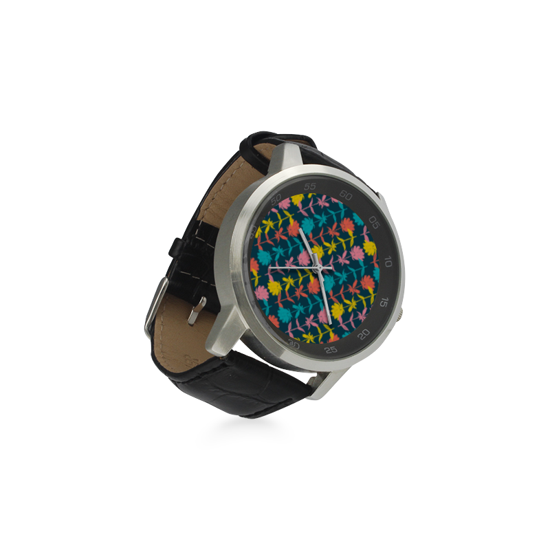 Colorful Floral Pattern Unisex Stainless Steel Leather Strap Watch(Model 202)